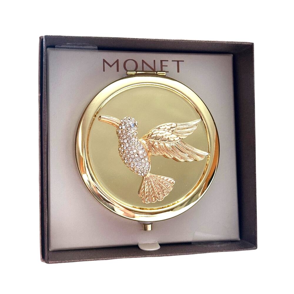 MONET Hummingbird Compact Mirror Gold Tone Rhinestone Figural New in Box Garden